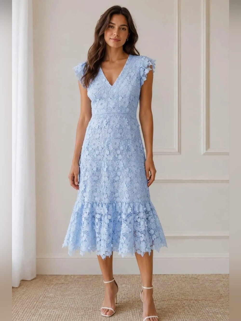 Just Me V-Neck Light Blue Lace Midi Dress